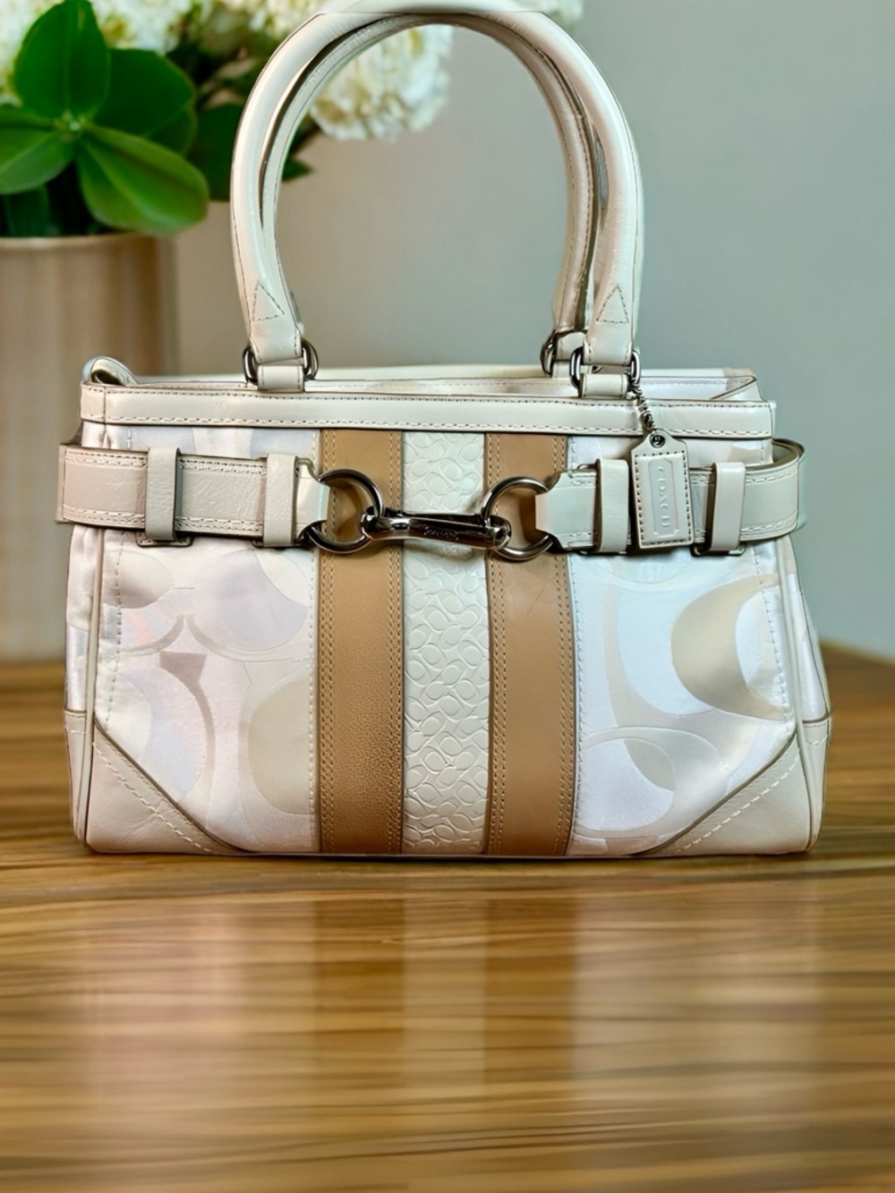 COACH Hamptons Signature Stripe Satchel Khaki Chalk Y2K Bag